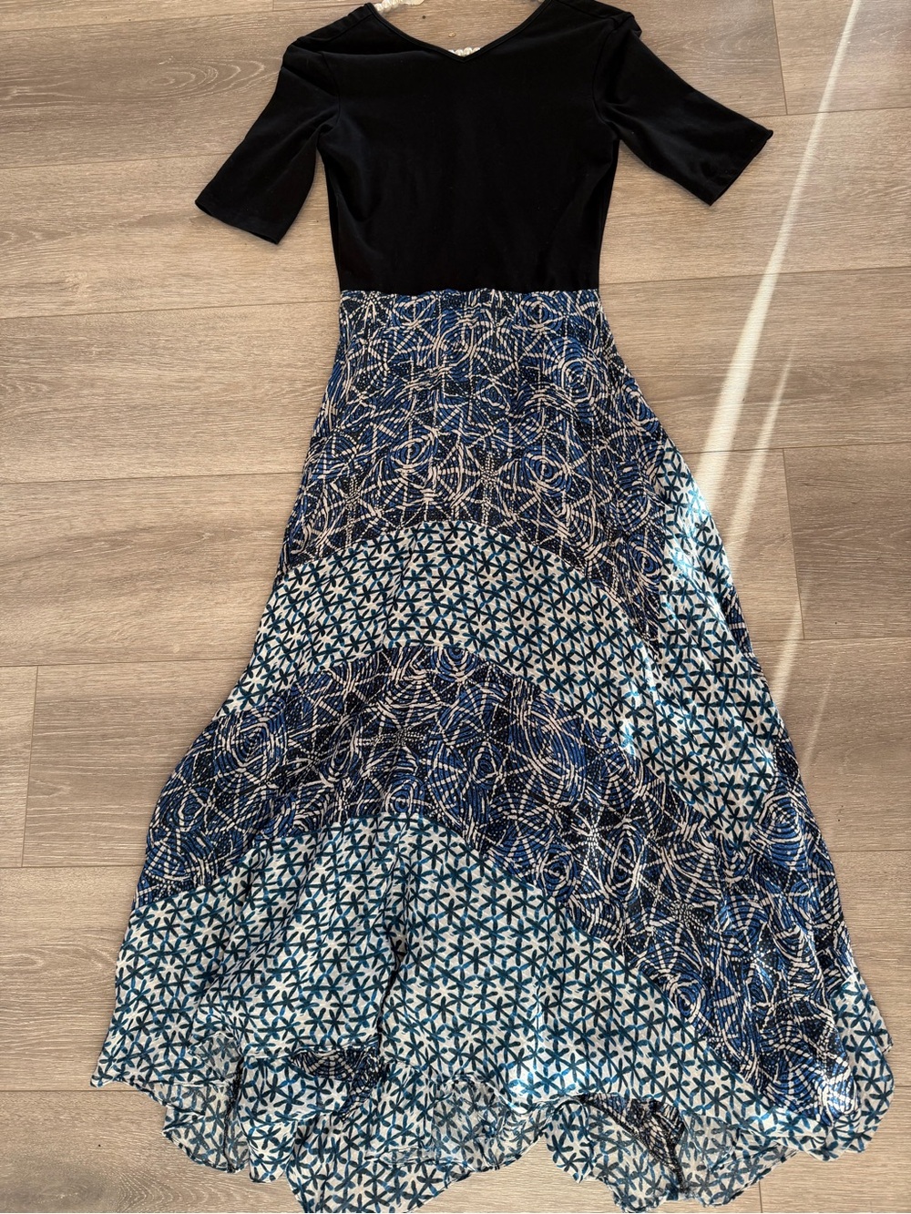Maje Black Top Navy Patterned High-Low Dress
